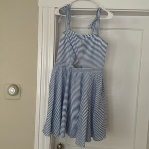 women’s express blue and white striped flare dress with cutout in the front